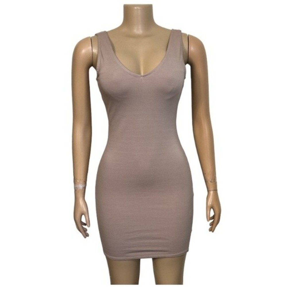 Iris Tank Mini Dress Tan Body-con V neck Stretch size S